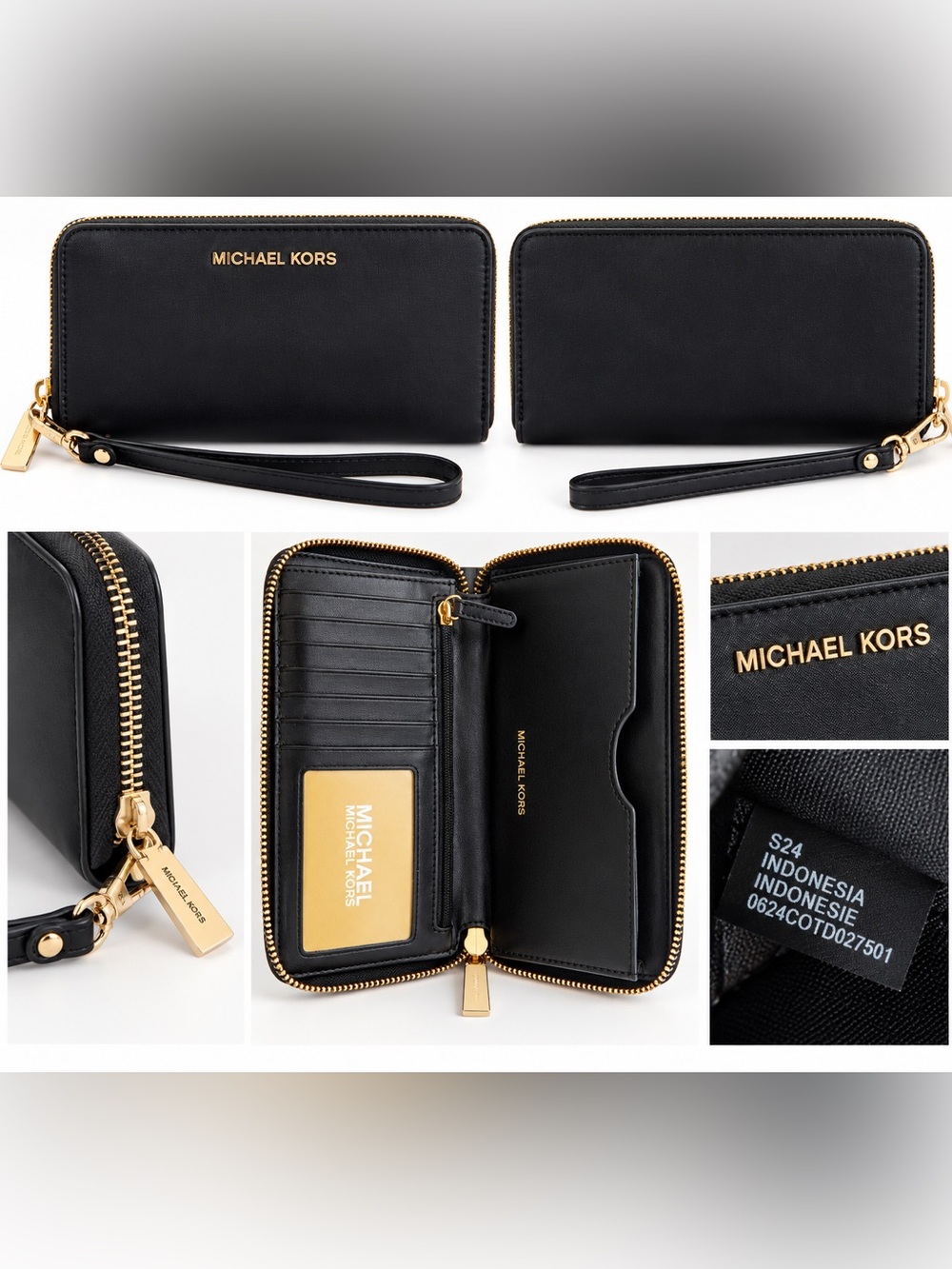 Michael Kors Black Nylon Zip Around Wristlet Wallet Gold Tone Hardware